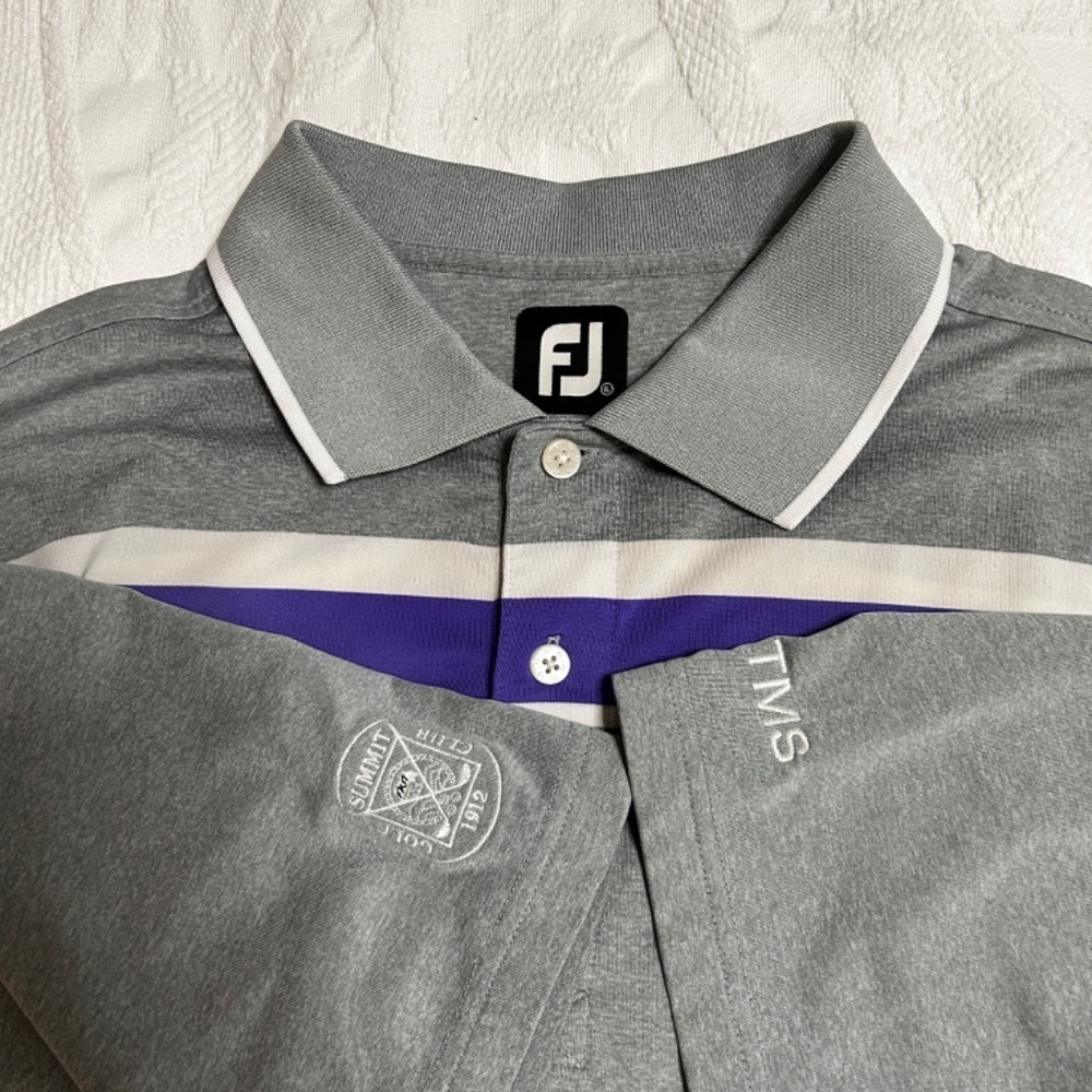 FootJoy Men's XL Golf T-Shirt Grey Purple & White Chest Stripe READ